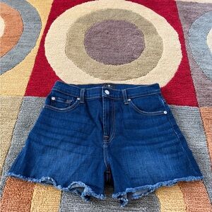 7 For All Mankind Blue Denim Jean Shorts Frayed Hem High Raise Size 27 Waist